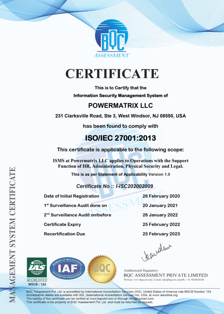 Powermatrix / Enerex - ISO 27001 Certification for 2020-2022